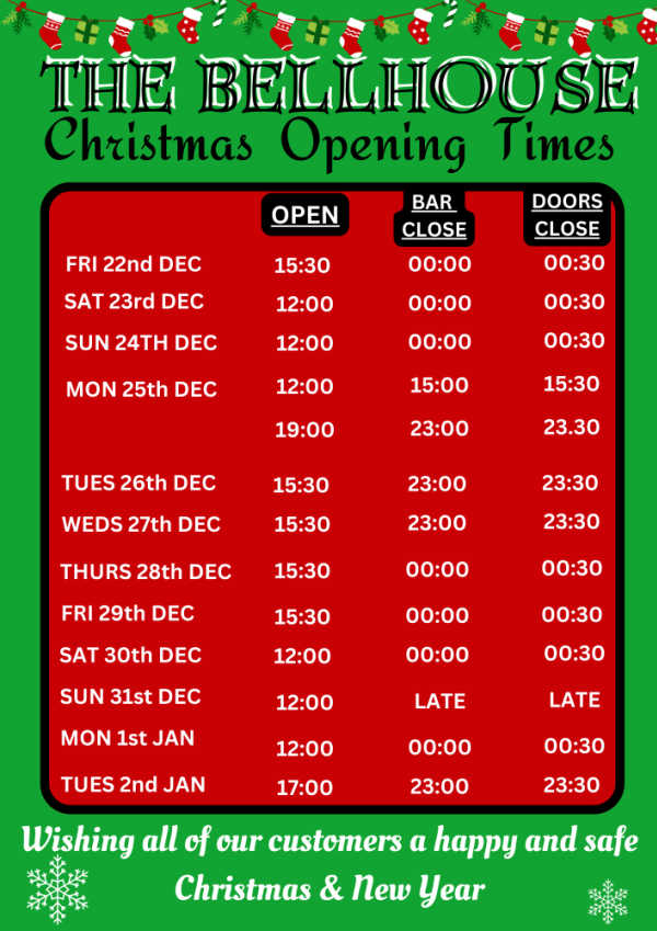 The Bellhouse Christmas Opening Times